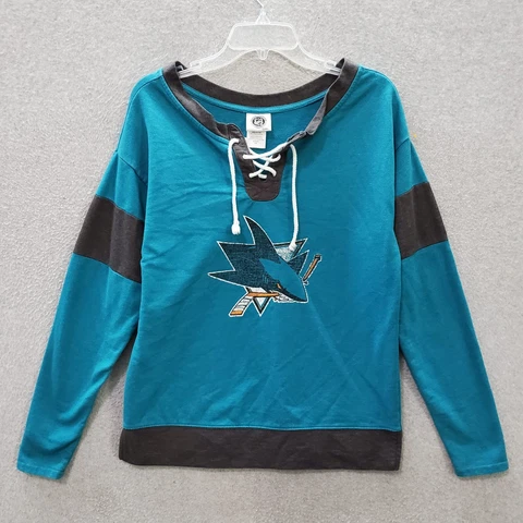 San Jose Sharks Women Sweater Small Blue Lace Up Neck Oversized Graphic NHL Cover