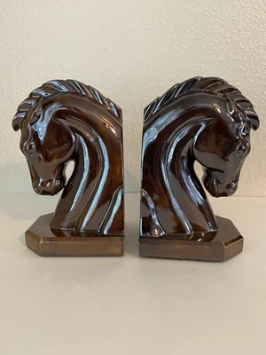 Par de Sujetalibros Cabeza de Caballo Cerámica Años 70 Marrón Hobbyista Ecuestre MCM Foto 1 de 4
