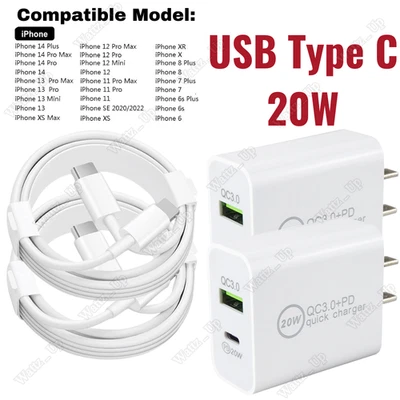 Cargador Rápido USB Tipo C Bloque 20W Cable PD Para iPhone 14 13 12 11 Pro XS XR X 8 Foto 1 de 4