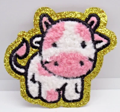Chenille Pink Baby Cow Patch Iron On Calf with Gold Glitter Border - Image 1 of 4