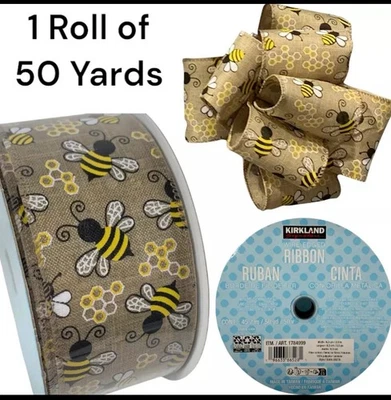 Kirkland Wire Edge Bumble Bee Ribbon 50 Yard Yellow Jacket Burlap Spring GT 2.5" - Image 1 of 4