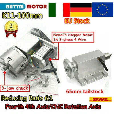 【IT】K11-100mm CNC Rotation 4th Axis 3 Jaws chuck speed ratio 6:1& 65mm Tailstock - Immagine 1 di 4