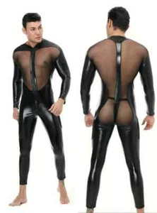 Fetish Men Man PU leather Mesh Tight Bodysuit Jumpsuit Shiny Long Sleeve Costume - Picture 1 of 8