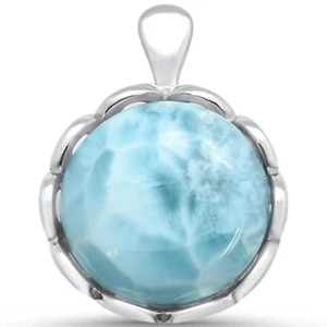 Natural Larimar Round .925 Sterling Silver Pendant - Picture 1 of 2