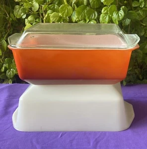 VTG PYREX Rectangular Baking Baking Dishes- Flameglo & White + 1x Lid - Picture 1 of 16