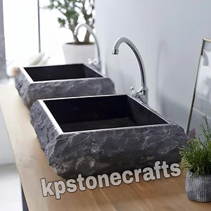Rough Hewn Black Rectangular Stone Sink – Handcrafted Luxury Basin (50 x 40 x 12 - Picture 1 of 5