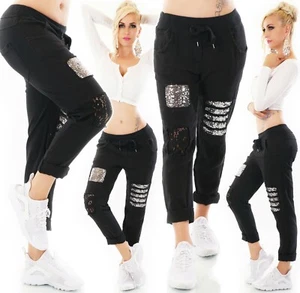 Damen Hose Leinen JogPants Mix Baggy Boyfriend Fetzen Pailletten Häkel 36-40 - Bild 1 von 9