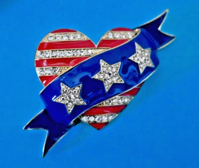 New HEIDI DAUS Patriotic 'Dedicated Dazzle' Enamel Crystal Heart Brooch Pin - Image 1 of 4