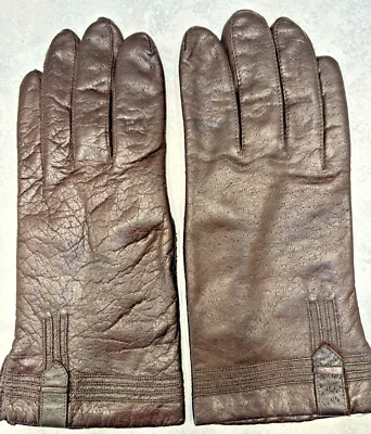 DESIGNER LADIES  BROWN LEATHER WINTER GLOVES ACRYLIC KNIT  LINING SIZE 7 - Image 1 of 4