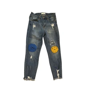 Ksubi Distressed Patch Jeans Medium Wash Straight Leg Crocheted Knees Gr. 26 - Bild 1 von 5