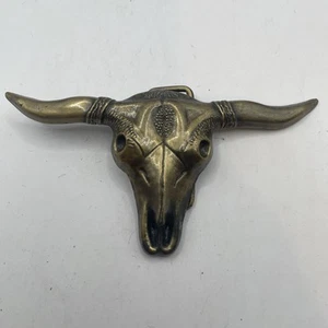 Vtg 1970s Large Ox Bull Longhorn Skull Western Cowboy Biker Brass Belt Buckle - Picture 1 of 7