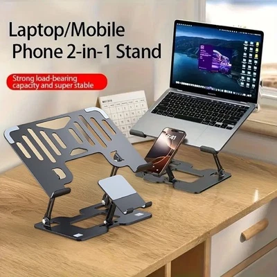 2 In 1 Laptop Holder & Phone Stand Laptop Stand with 2 Fans Steel Laptop Riser - Image 1 of 4