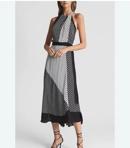Reiss Dress Sz 16 Navy White Stripe Halter Midi Event Occasion Work RRP $400 - Picture 1 of 17