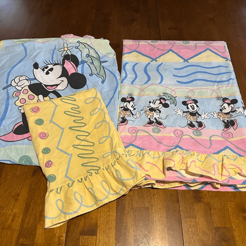 Vintage Disney Classic Pastel Minnie Mouse Twin Sheet Set Ruffles w Pillowcase - Image 1 of 4