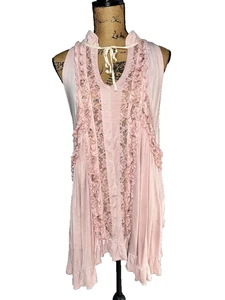 POL Light Pink Fringe Tunic Sleeveless Blouse Size L Boho Lace Romantic Era - Picture 1 of 9