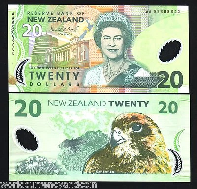 NEW ZEALAND 20 DOLLARS P-187 1999 FALCON AA 99 Solid # 008000 POLYMER UNC NOTE - Image 1 of 2