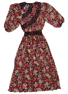 VTG Diane Freis Dress Georgette 80s Floral Sequins Pleats Boho Logo Print M/L - Image 1 of 4