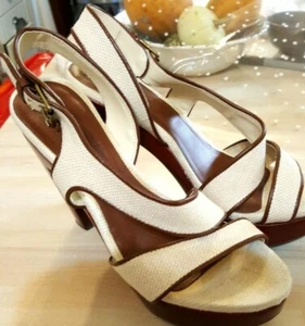 Gr. 6 creme Canvas/braun Leder, Plateau, High Heel Sandalen von Ted Baker - Bild 1 von 5