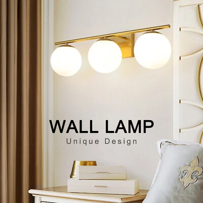 Modern 3-Light Bathroom Vanity Wall Light Fixture in Gold & Milk White Glass - Image 1 of 4