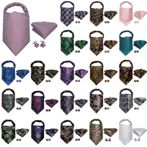 Men's Ascot Cravat Tie Silk Paisley Floral Check Hanky Cufflinks Set Wedding - Picture 1 of 317