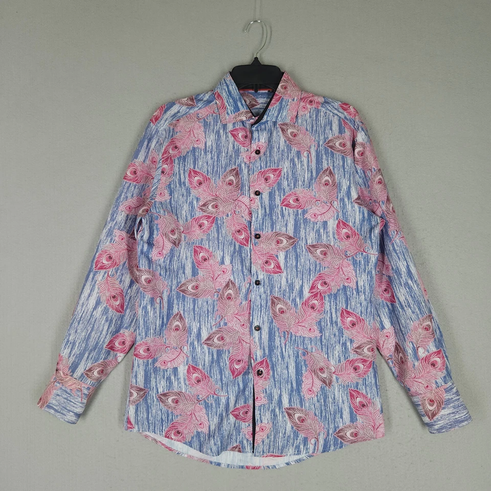 Camisa de Valiant Paris Para Hombre S Azul Rosa Abotonada Manga Larga Floral Abstacto Foto 1 de 4