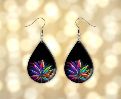 Earrings, Neon Weed Print Wood Dangle Teardrop Print Earrings Jewelry - Image 1 of 4