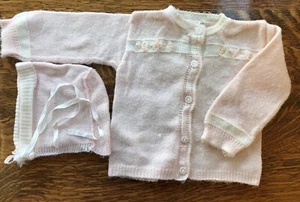 Vtg 1956 Infant Baby Sweater Bonnet Fay Original Knitwear Pink Cream Knit WOW! - Picture 1 of 14