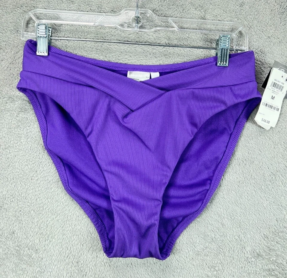 NUEVO CON ETIQUETAS BAR III Mujer Bikini de Natación Parte Inferior Talla Mediana Púrpura Acanalado Cintura en V Pierna Alta Foto 1 de 4