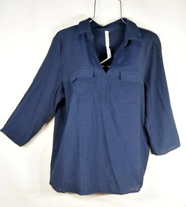 NY Collection Womens Shirt L Collared 3/4 Sleeve Career Navy Blue Top Blouse NWT - Picture 1 of 9