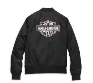 Chaqueta bombardero Harley Davidson para mujer talla L negra y rosa satinada barra y escudo - Imagen 1 de 3