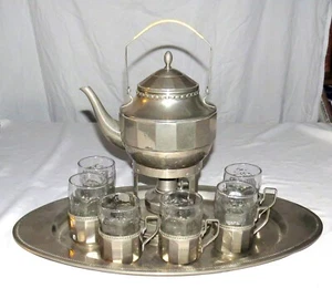 Turkish Vintage Tea Coffee Set 18 piece Metal Glass Pot Tray Cups Holders Warmer - Picture 1 of 9