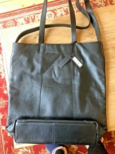 BNWT JAEGER LARGE BLACK LEATHER TOTE BAG LINED HANDLES & SHOULDER STRAP  - Picture 1 of 10