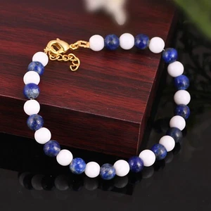 Natural Lapis Lazuli & White Agate Ball Bead Gemstone Chain Bracelet For Health - Picture 1 of 9