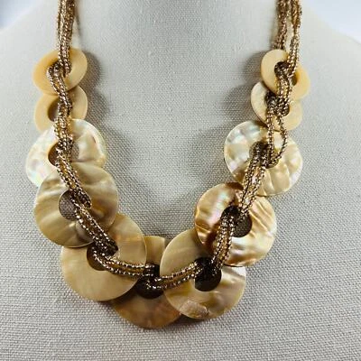 Chunky Disc Hoop Mother of Pearl Shell Necklace Twist Bead Neutral Boho Natural - Image 1 of 4
