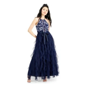 Teeze Me Junior Women 7 Navy Blue Embroidered Ruffle Long Dress NWT BW33 - Picture 1 of 8
