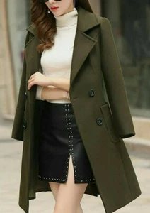 chouyatou Women Elegant Notched Collar Double Breasted Wool Blend Over Coat sz M - Picture 1 of 5