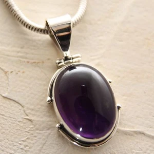 Rimorchio Ametista Argento 925 Lilla Ciondolo Cabochon Pietra Preziosa Ovale - Foto 1 di 3