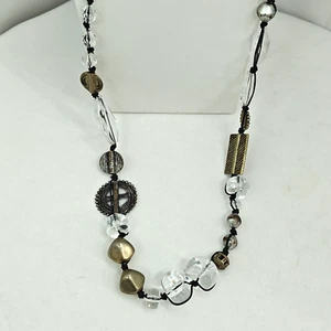 Chicos Statement Necklace Silver Gray Clear Gold 40" - Picture 1 of 10