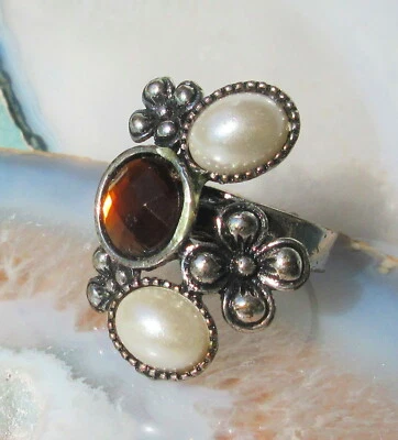 SX Ring Blüte Blume Vintage-Stil Kristall orange Perlen silberfarbenes Metall - Bild 1 von 3