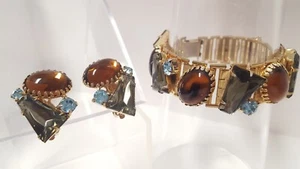Vintage D&E Chunky Rhinestone Bracelet Clip Earrings Set Amber Blue Gray GT 7" L - Picture 1 of 23
