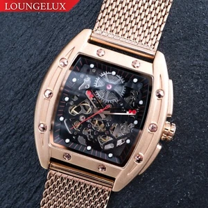 Mens Rose Gold Automatic Mechanical Watch Luminous Dial Stainless Steel Mesh - Picture 1 of 13