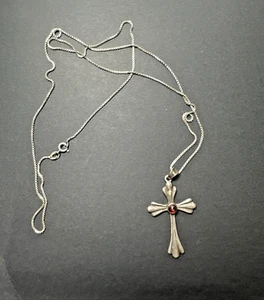 Silver Cross Synthetic Garnet/Ruby Marked 925 & Italy 14.5” silver chain - Picture 1 of 8