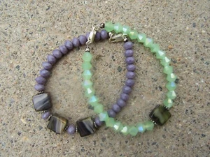 CRYSTAL BRACELETS SET OF 2/ LIME GREEN /LAVENDER CZECH CRYSTALS, LAMPWORK BEADS - Bild 1 von 5