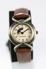 Milan Women Watch Moon Date Stainless Steel Gold Leather Brown WR Battery Quartz