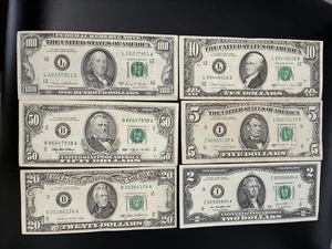 1969 $100 w/ $50 / $20 / $10 / $5 & $2 DOLLAR OLD STYLE SMALL FACE BILLS SHARP - Picture 1 of 5