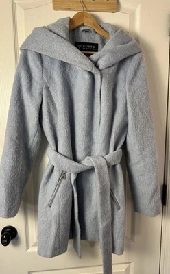 Guess Los Angeles Powder Blue Hooded Wool Blend Wrap Coat Women’s XL Belted - Image 1 of 4