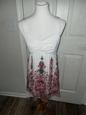 Boston Proper Women’s White Summer Shirt/Dress with Red & Green Overlay Size M Foto 1 de 4