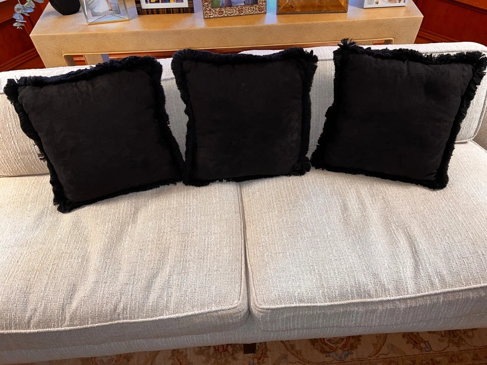 THREE JACQUARD FLORAL BLACK/ BLACK DECORATIVE PILLOW FRINGE HOME DECOR BEDDING - Image 1 of 4