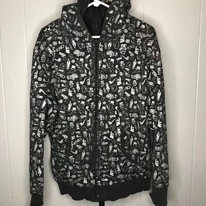 Y2K CIRCA Jacket Mens XL Black AOP Skull Cars Gun Skater Grunge Emo Hoodie RARE - Picture 1 of 8
