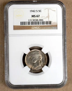 1942-S SILVER WARTIME JEFFERSON NICKEL NGC MS67 038006 - Picture 1 of 2